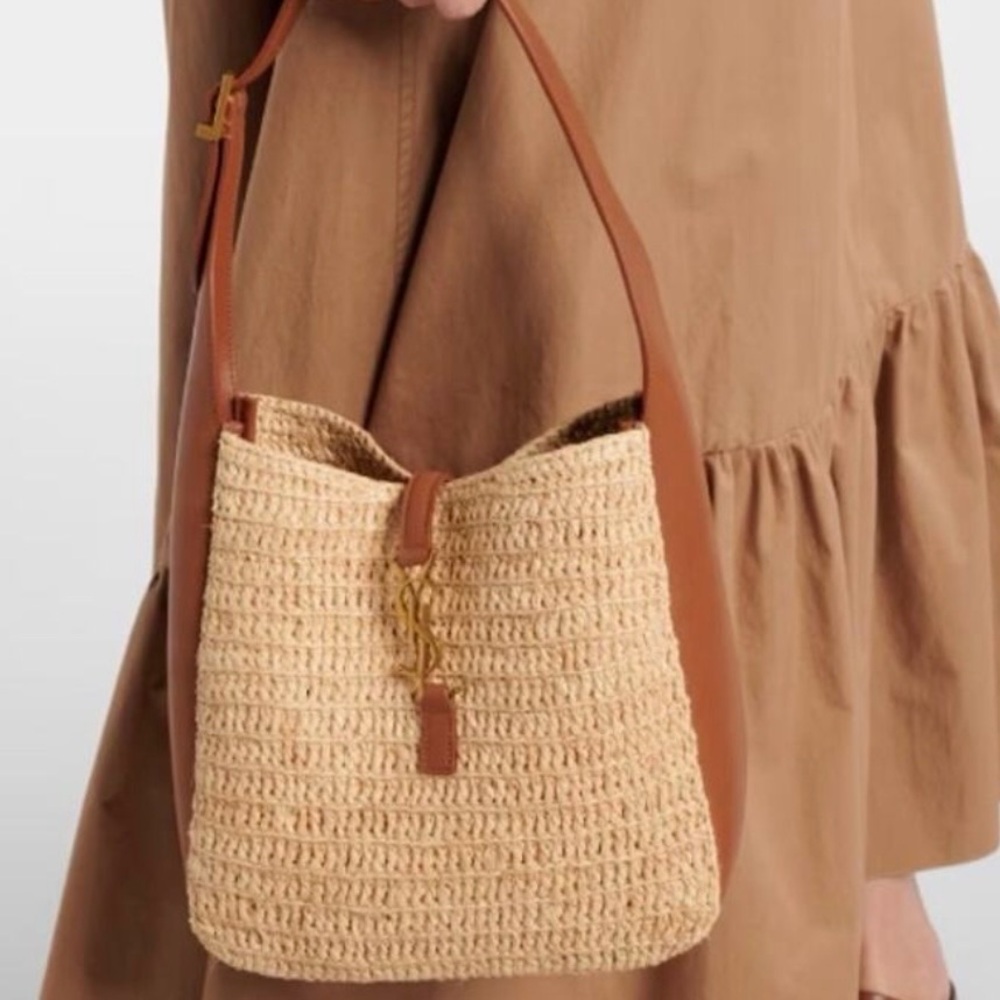 YSL Saint Laurent Le 5 a 7 Supple Small Hobo Raffia and Leather Shoulder Handbag - Picture 4 of 12